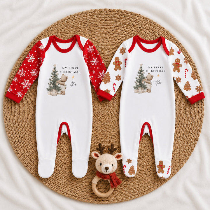 Personalised Beige Bear Tree My First Christmas Pattern Baby Grow