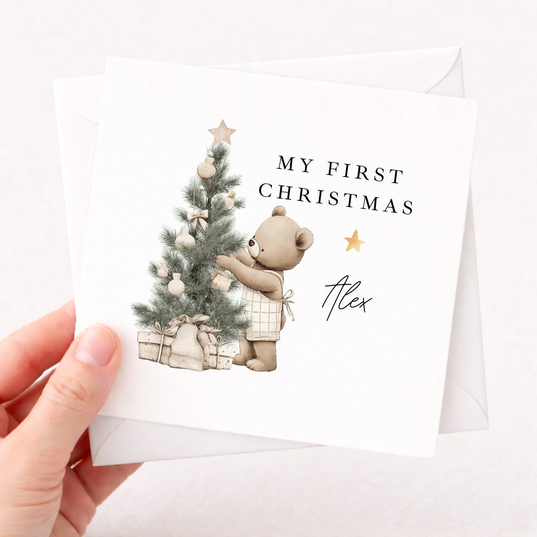 Personalised Beige Bear Tree My First Christmas Card