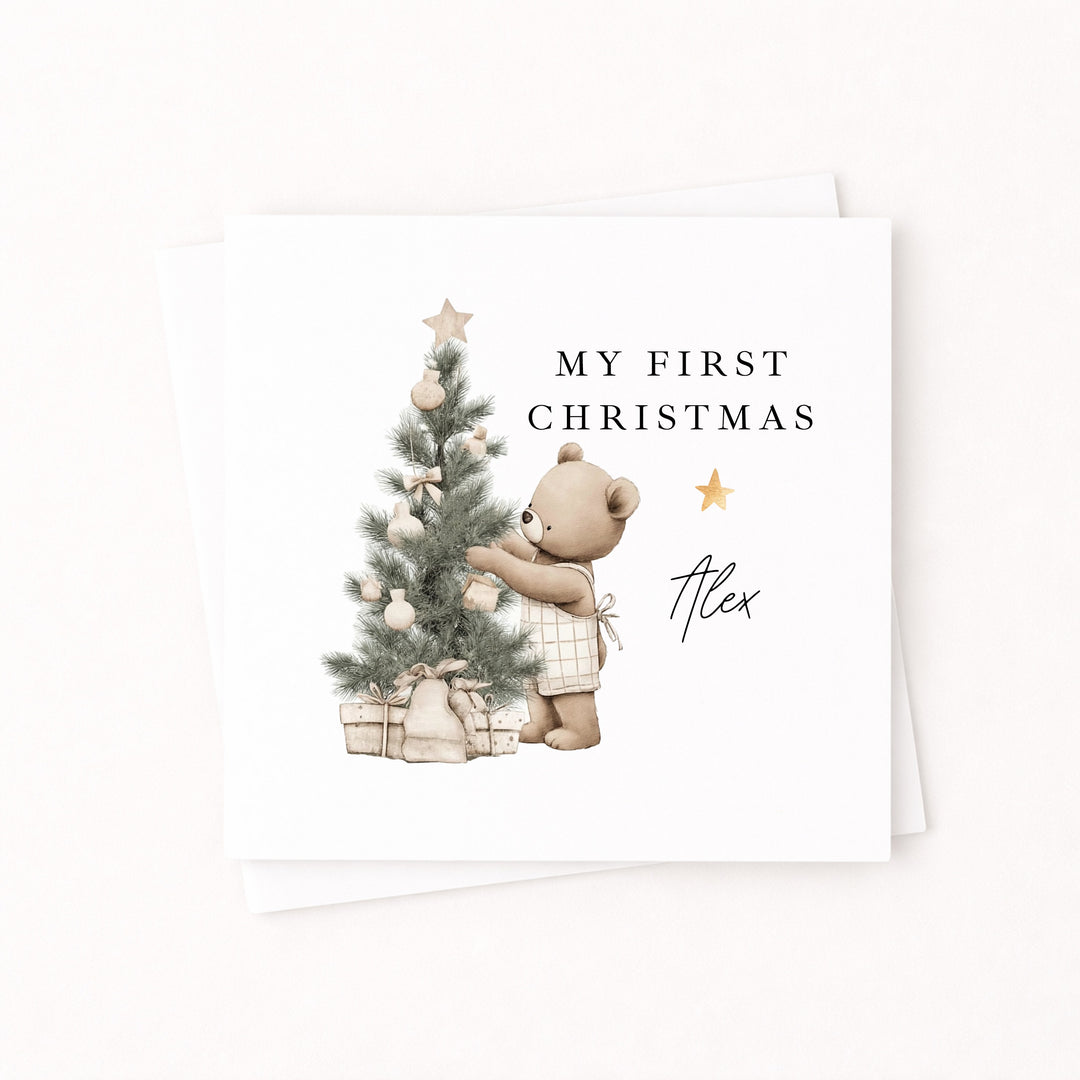Personalised Beige Bear Tree My First Christmas Card