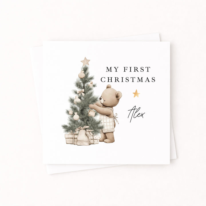 Personalised Beige Bear Tree My First Christmas Card