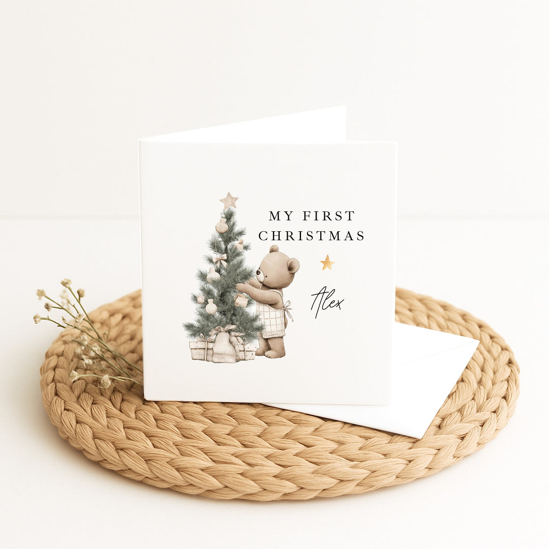 Personalised Beige Bear Tree My First Christmas Card