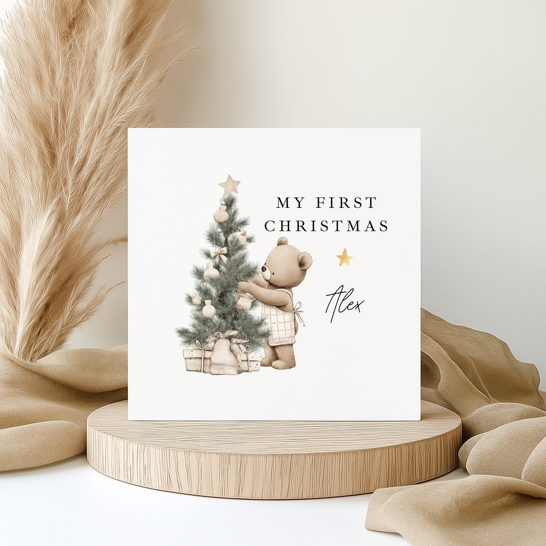 Personalised Beige Bear Tree My First Christmas Card