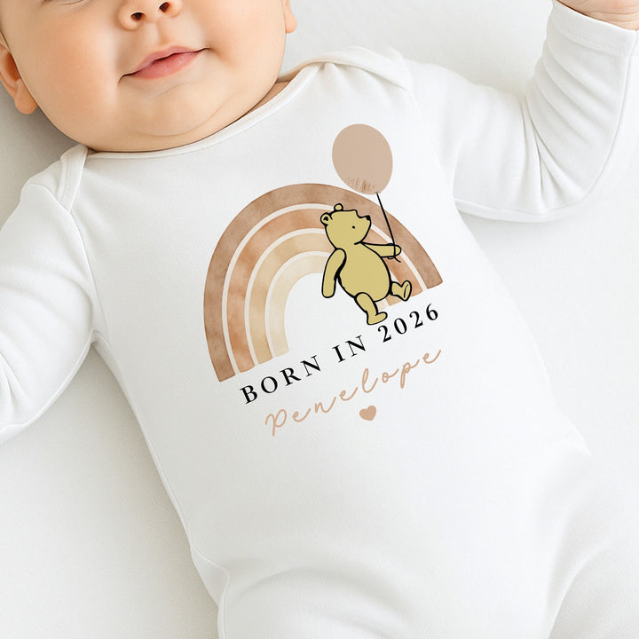 Personalised Beige Pooh Born in 2026 Baby Grow, Vest or Bib