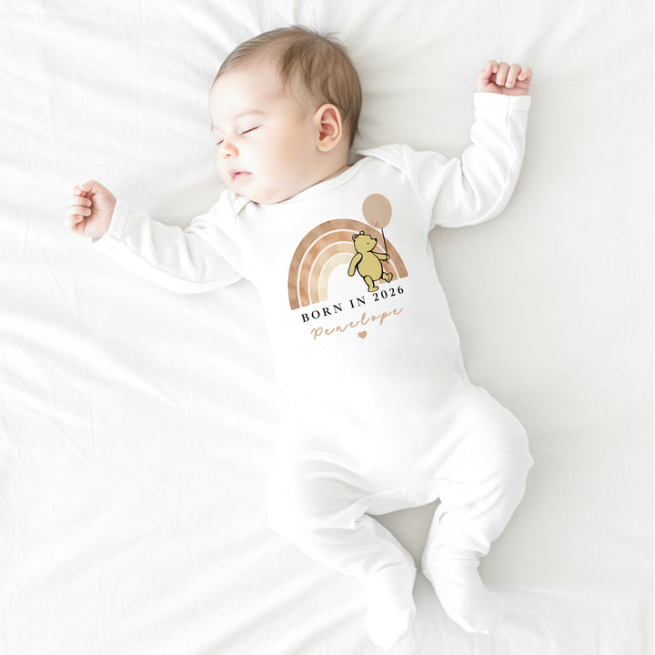 Personalised Beige Pooh Born in 2026 Baby Grow, Vest or Bib
