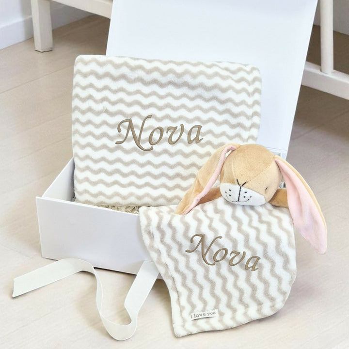 Unisex Beige Stripes Bunny & Blanket Personalised Gift Hamper Set