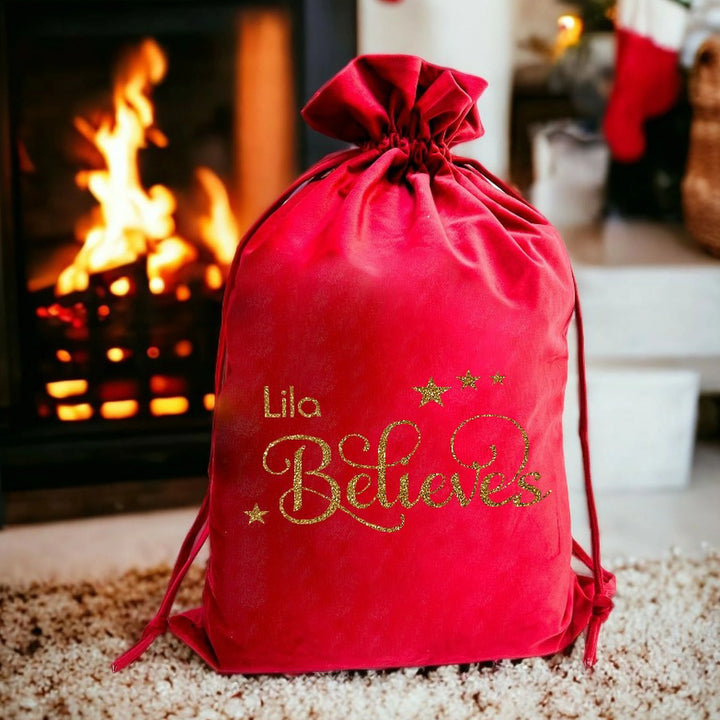 Personalised Name Believes Christmas Santa Sacks | Gold or Silver Glitter