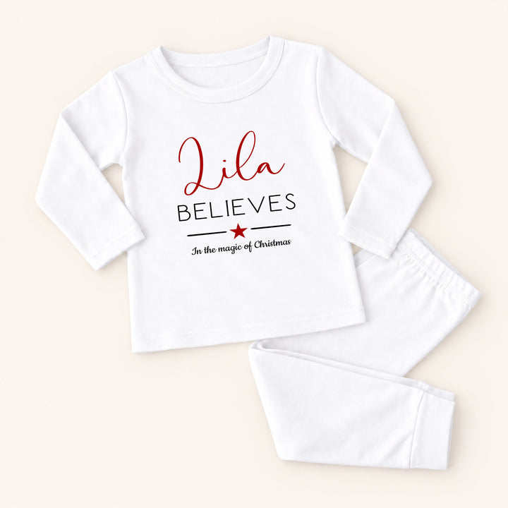 Personalised Red Star Believe In The Magic Of Christmas Pyjamas