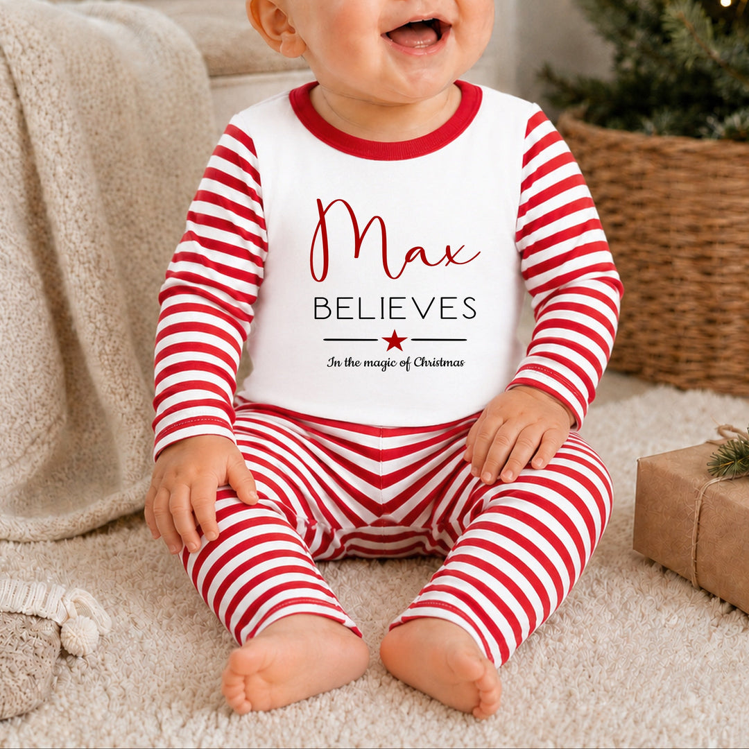 Personalised Red Star Believe In The Magic Of Christmas Pyjamas