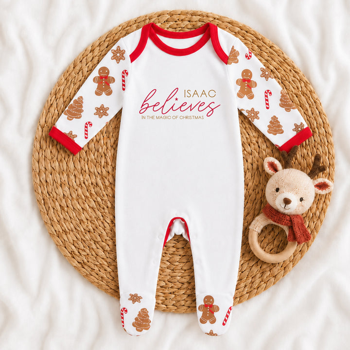 Personalised Name Believes Matching Gingerbread Christmas Pyjamas or Baby Grow
