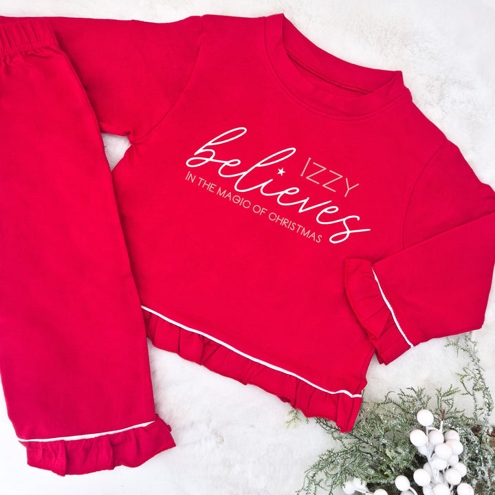 Personalised Red Frilly Names Believes Christmas Pyjamas