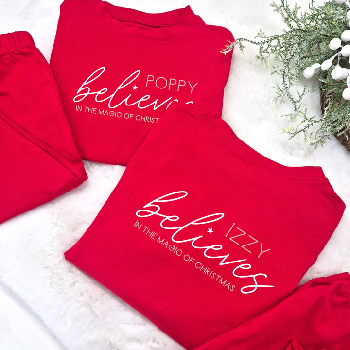 Personalised Red Frilly Names Believes Christmas Pyjamas