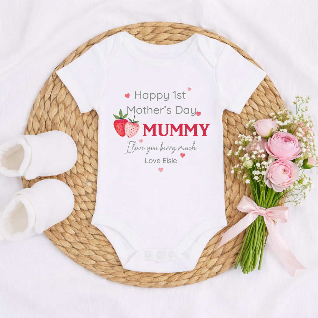 Personalised Strawberry Happy First Mother's Day Baby Grow, Vest or Bib