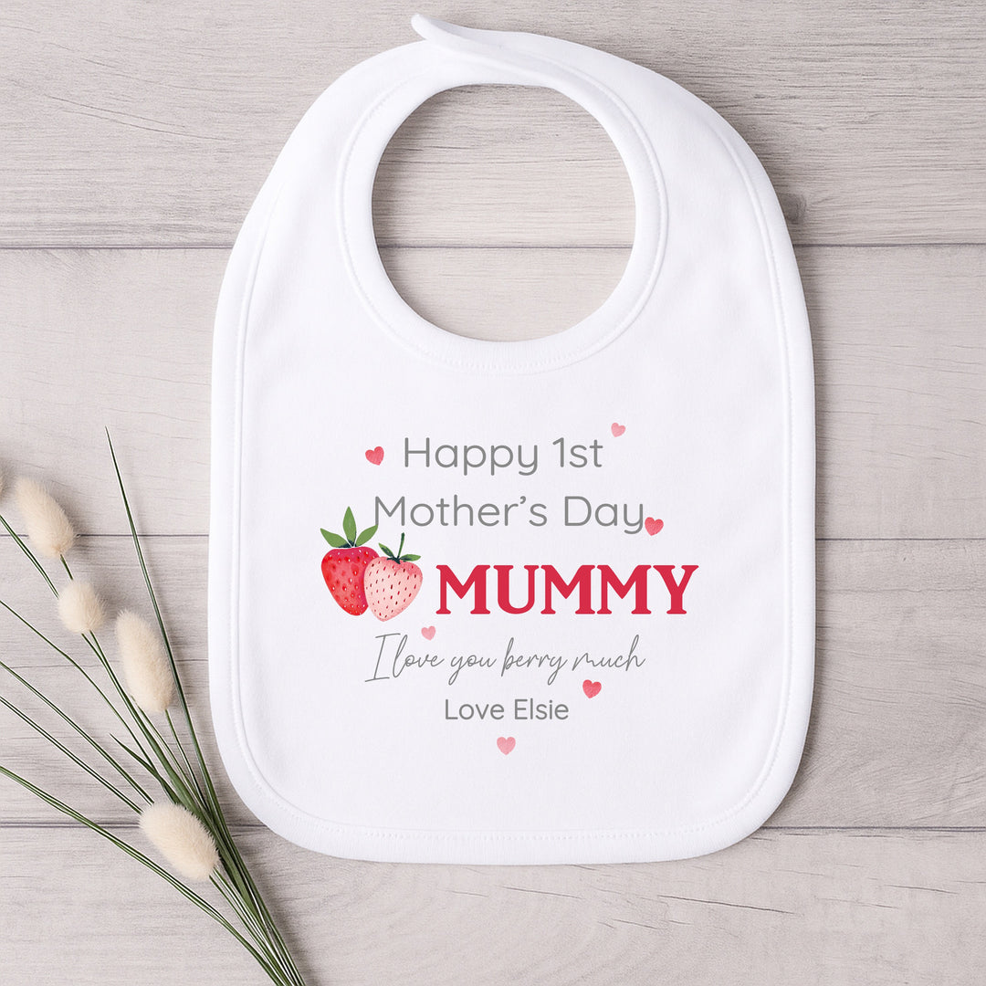 Personalised Strawberry Happy First Mother's Day Baby Grow, Vest or Bib