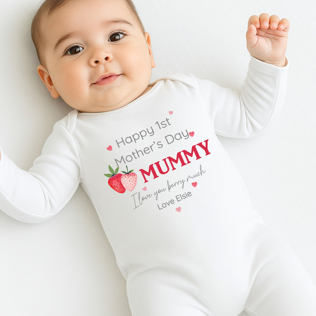 Personalised Strawberry Happy First Mother's Day Baby Grow, Vest or Bib