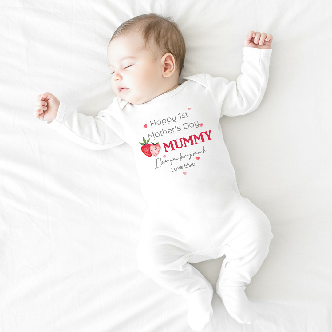 Personalised Strawberry Happy First Mother's Day Baby Grow, Vest or Bib