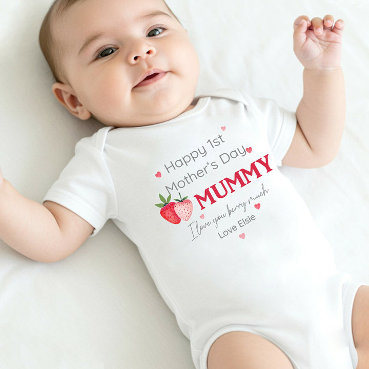 Personalised Strawberry Happy First Mother's Day Baby Grow, Vest or Bib