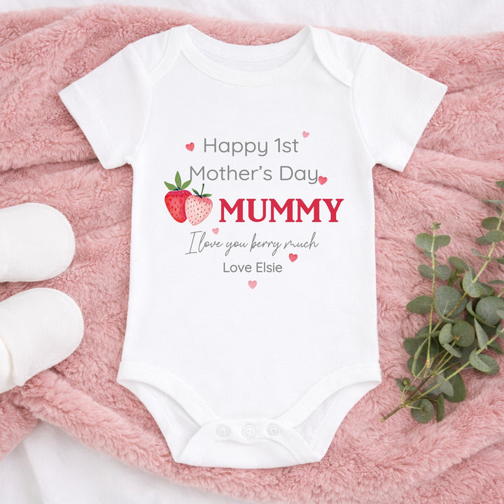 Personalised Strawberry Happy First Mother's Day Baby Grow, Vest or Bib