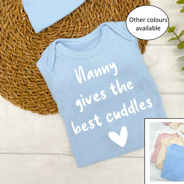 Nanny Gives The Best Cuddles White, Blue, Pink & Beige Babygrow