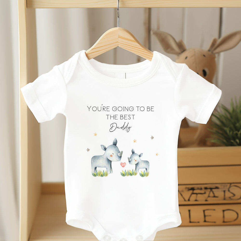 Baby announcement vests that says: You're going to be the best Daddy with a Daddy and a baby Rhino