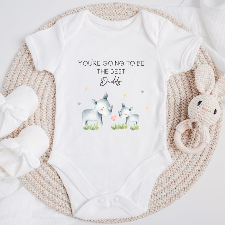 Baby announcement vests that says: You're going to be the best Daddy with a Daddy and a baby Rhino