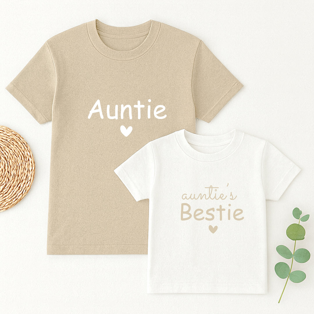 Beige and white t-shirts with 'Auntie' and 'auntie's Bestie' text on a white background.