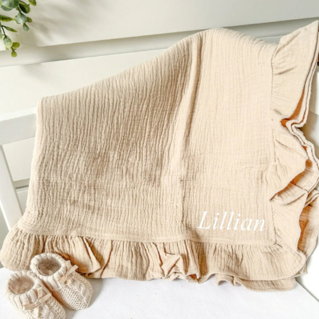 Personalised Embroidered Beige Frilly Blanket
