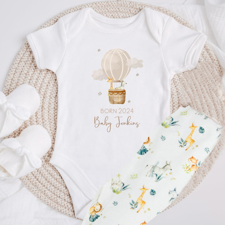 Personalised Born in 2024 Beige Hotair Balloon Baby Vest