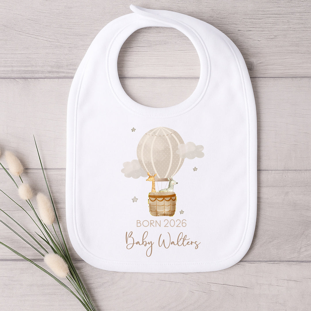Personalised Born in 2026 Beige Hotair Balloon Baby Grow, Vest or Bib