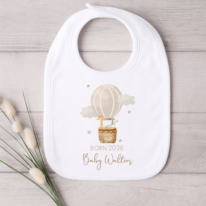 Personalised Born in 2026 Beige Hotair Balloon Baby Grow, Vest or Bib