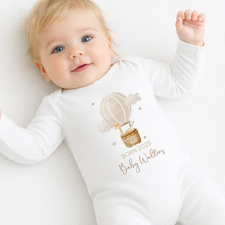 Personalised Born in 2026 Beige Hotair Balloon Baby Grow, Vest or Bib