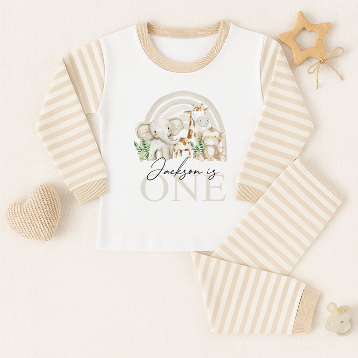 Personalised Beige Jungle Rainbow Birthday Pyjamas