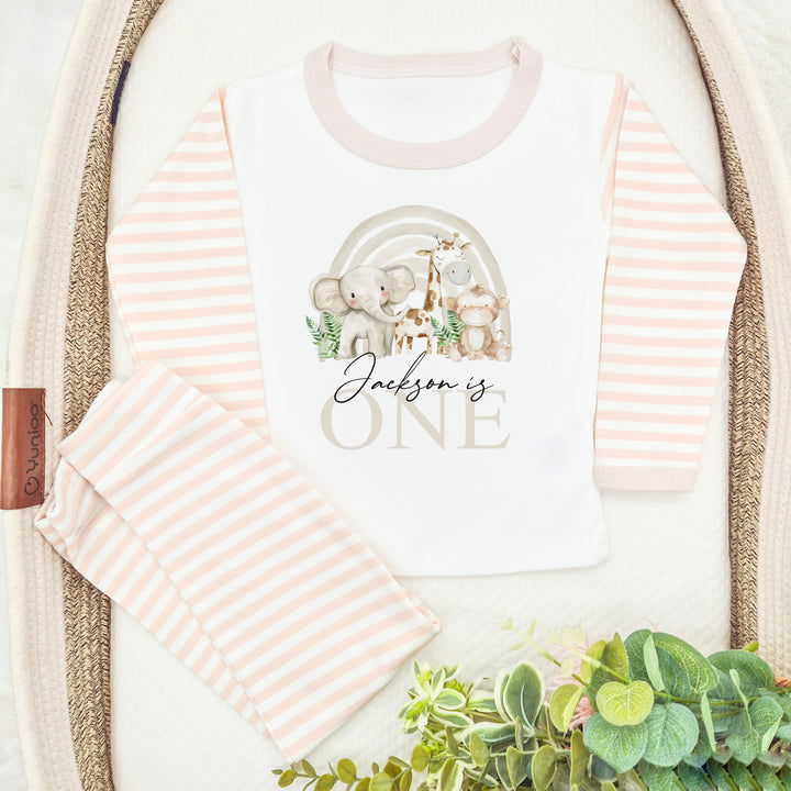 Personalised Beige Jungle Rainbow Birthday Pyjamas