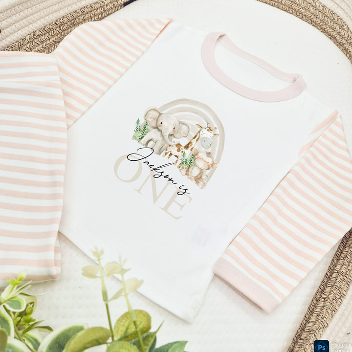 Personalised Beige Jungle Rainbow Birthday Pyjamas