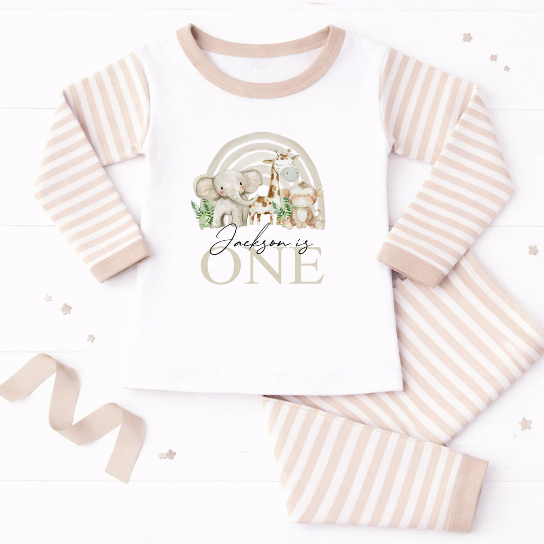 Personalised Beige Jungle Rainbow First Birthday Pyjamas