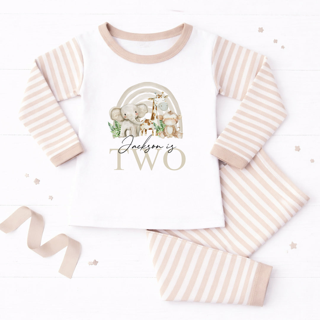Personalised Beige Jungle Rainbow Second Birthday Pyjamas