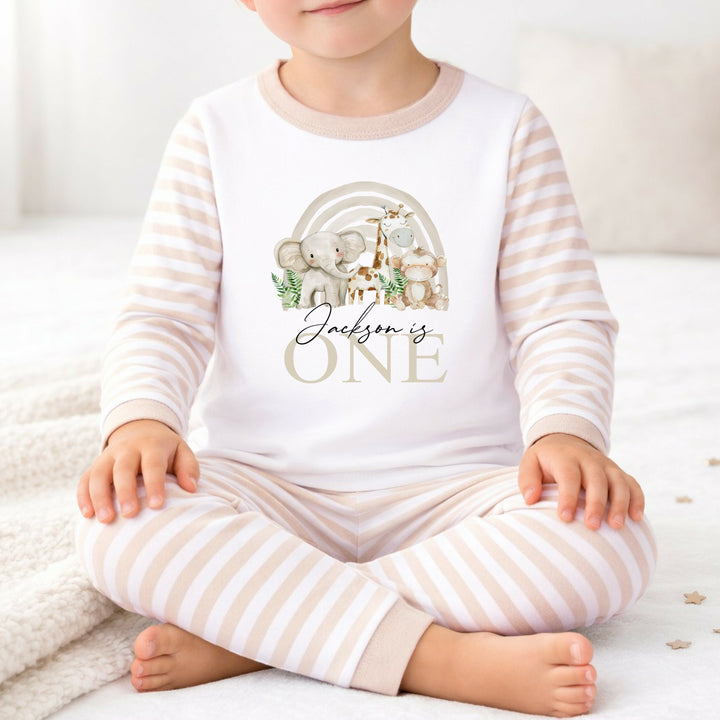 Personalised Beige Jungle Rainbow First Birthday Pyjamas