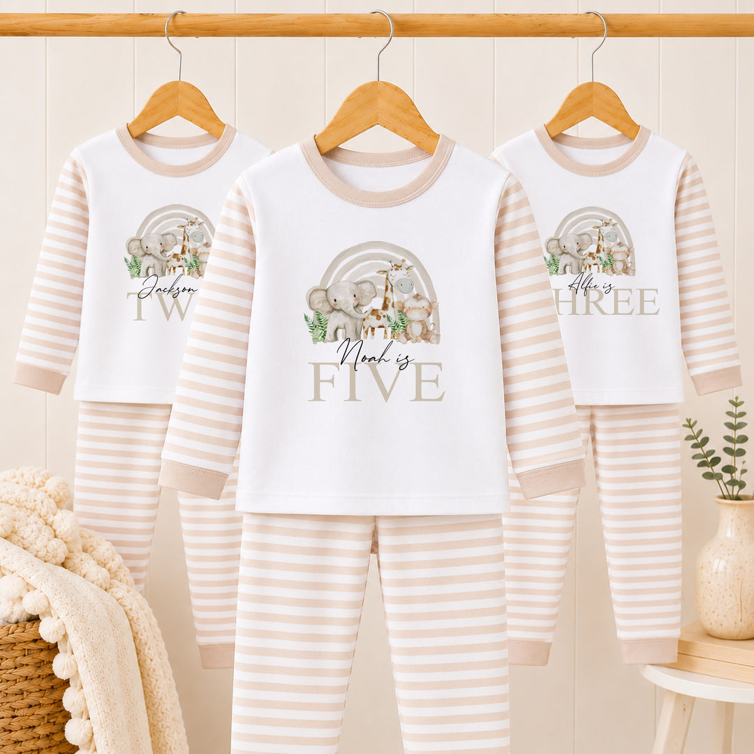 Personalised Beige Jungle Rainbow Any Age Birthday Pyjamas