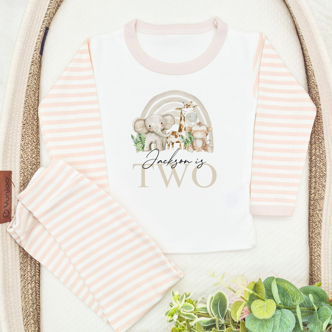 Personalised Beige Jungle Rainbow Second Birthday Pyjamas