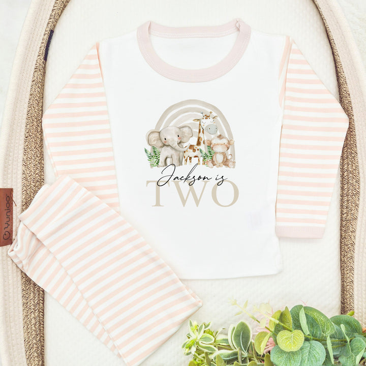 Personalised Beige Jungle Rainbow Second Birthday Pyjamas