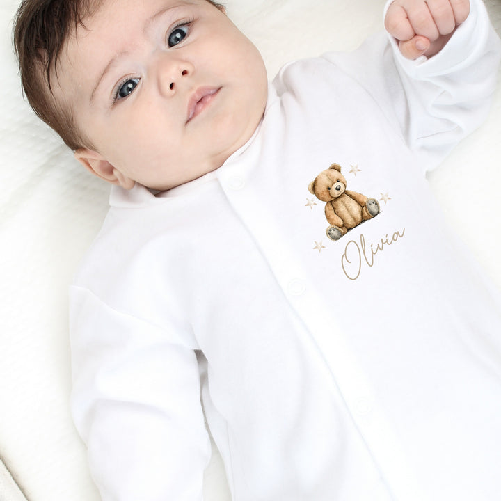 Personalised Beige Teddy Bear Popper Babygrow