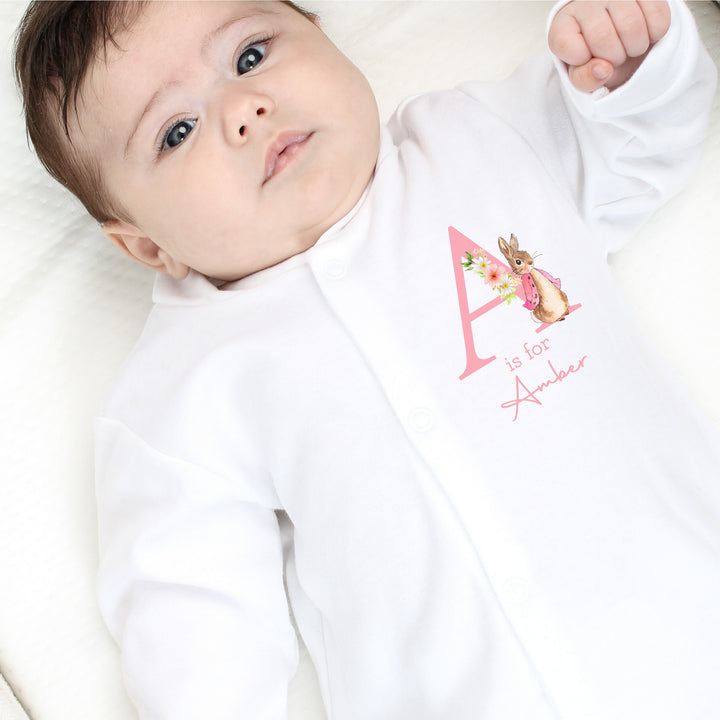 Personalised Pink Rabbit Initial Popper Front Babygrow