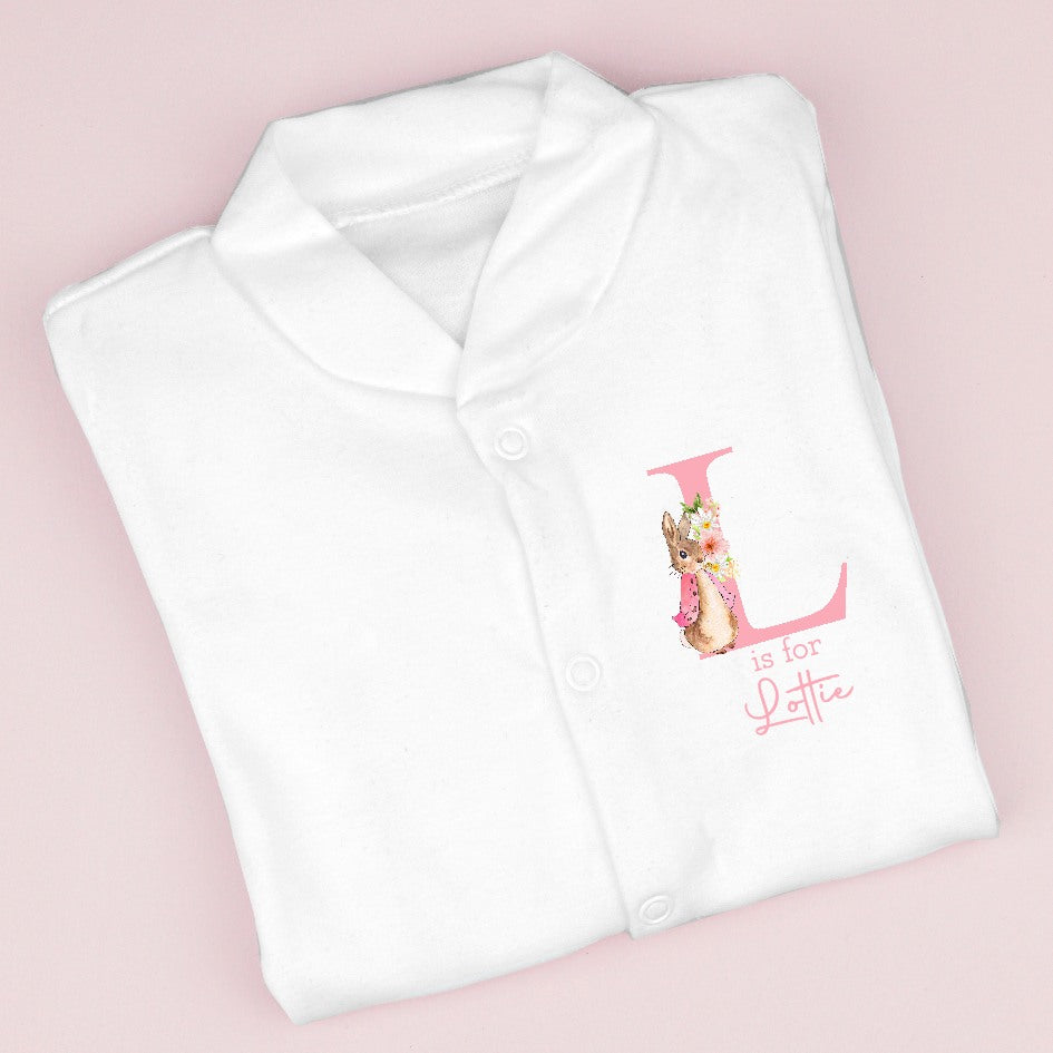 Personalised Pink Rabbit Initial Popper Front Babygrow