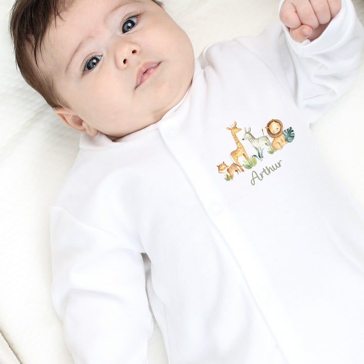 Personalised Safari Gang Popper Front Babygrow