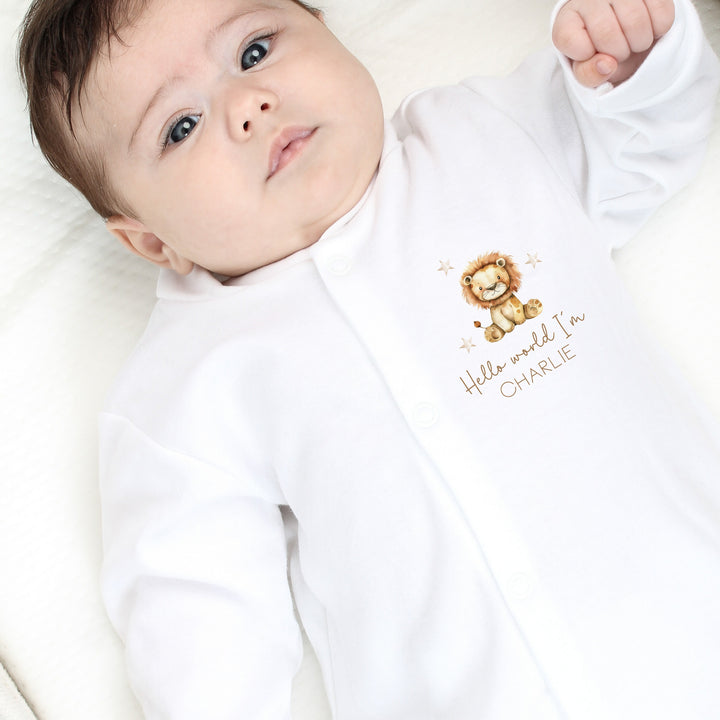 Personalised Hello World Little Lion Popper Front Babygrow