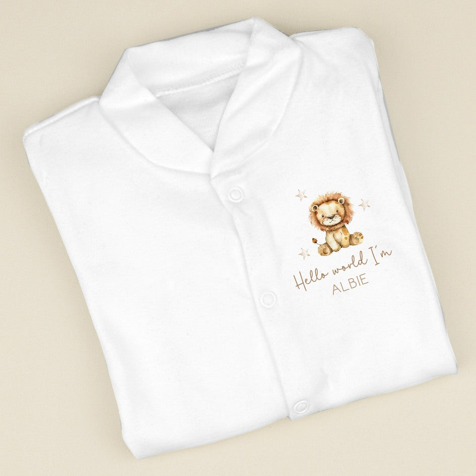 Personalised Hello World Little Lion Popper Front Babygrow