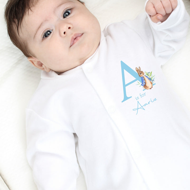 Personalised Blue Rabbit Initial Popper Front Babygrow