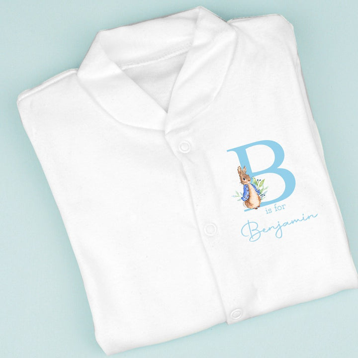 Personalised Blue Rabbit Initial Popper Front Babygrow