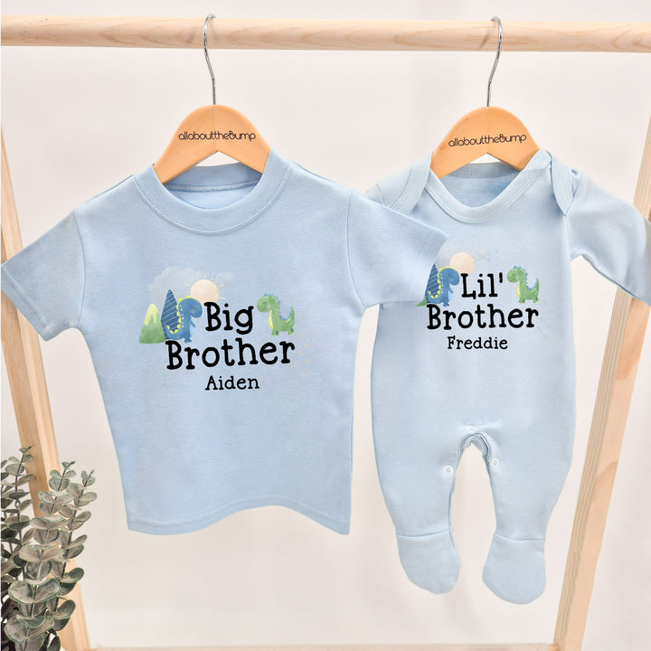 Personalised Dino Sibling Matching Blue Babygrow/T-shirt