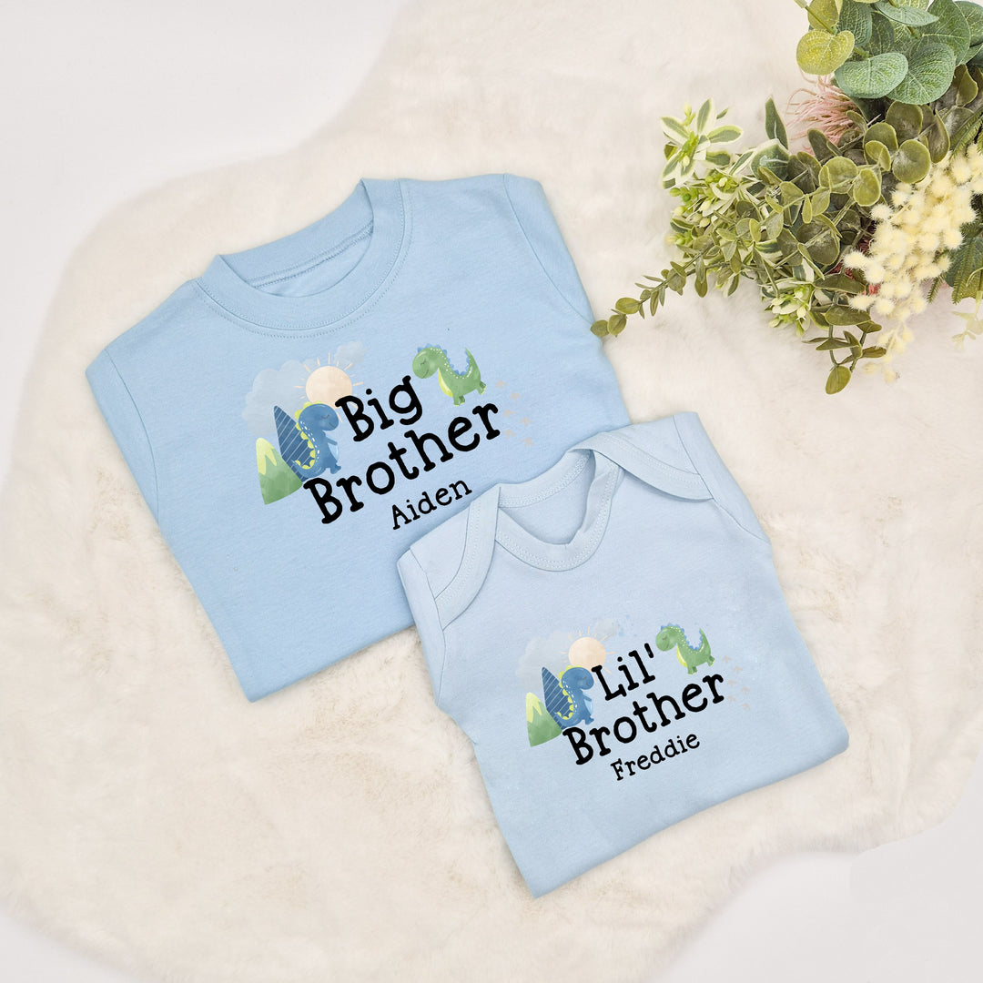 Personalised Dino Sibling Matching Blue Babygrow/T-shirt