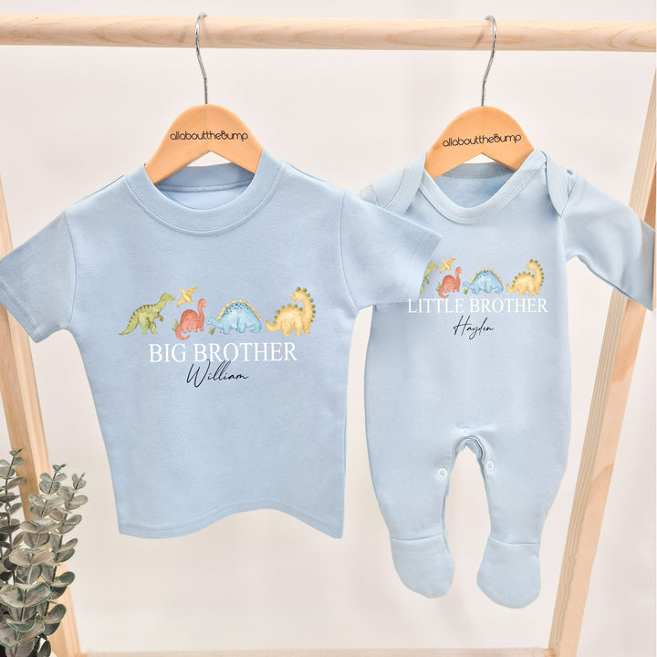 Personalised Dinosaur Sibling Matching Blue Babygrow/T-shirt